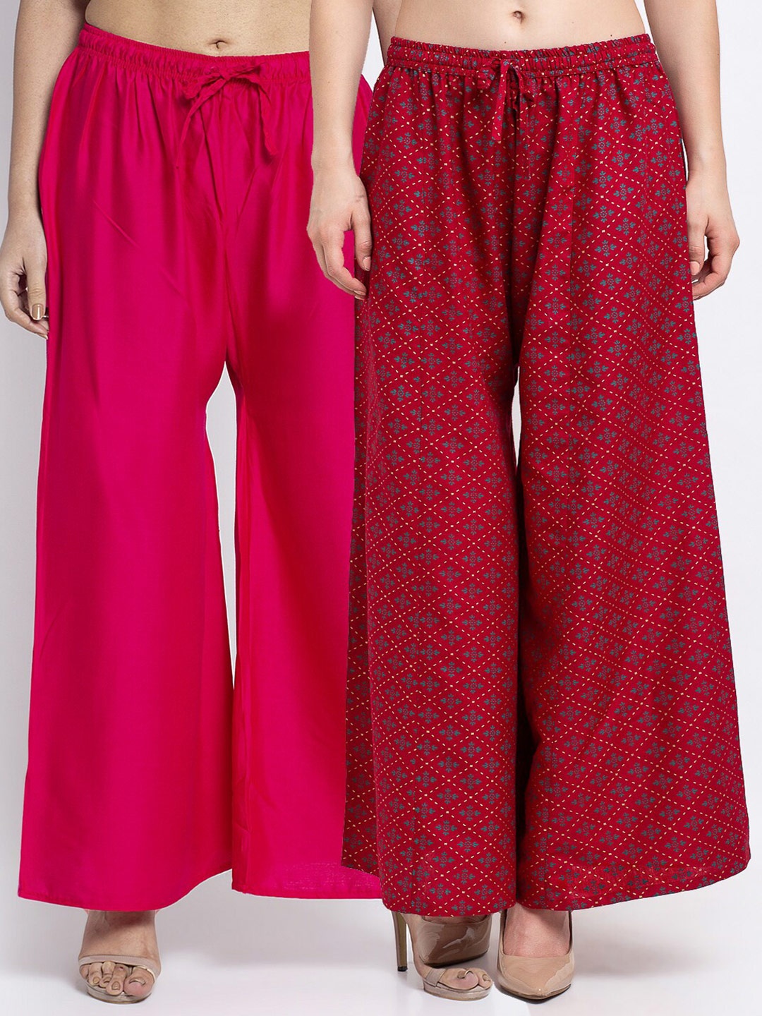 

GRACIT Women Pack Of 2 Pink & Red Floral Printed Flared Knitted Ethnic Palazzos