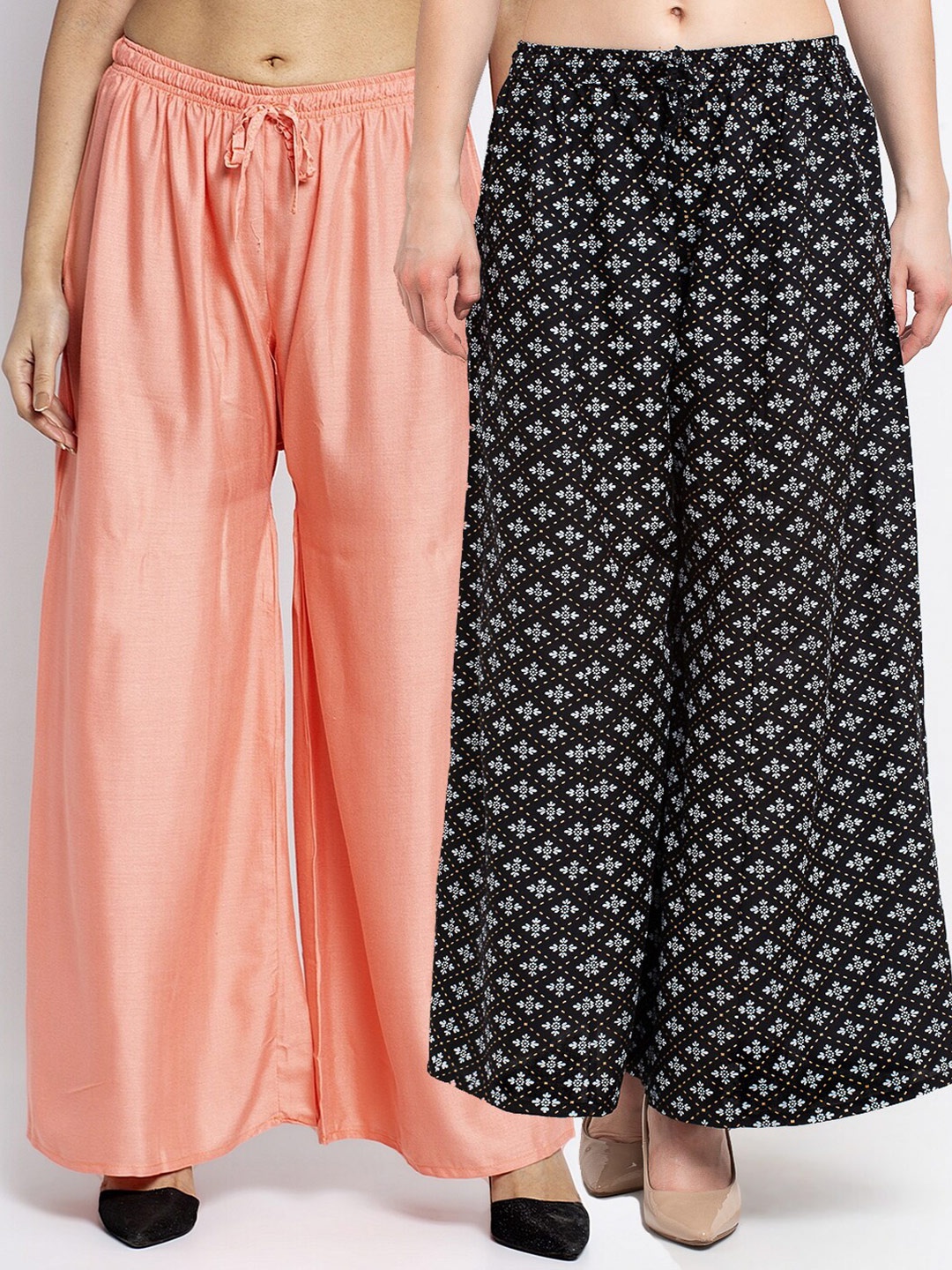 

GRACIT Women Pack of 2 Peach & Black Ethnic Motifs Printed Flared Knitted Ethnic Palazzos