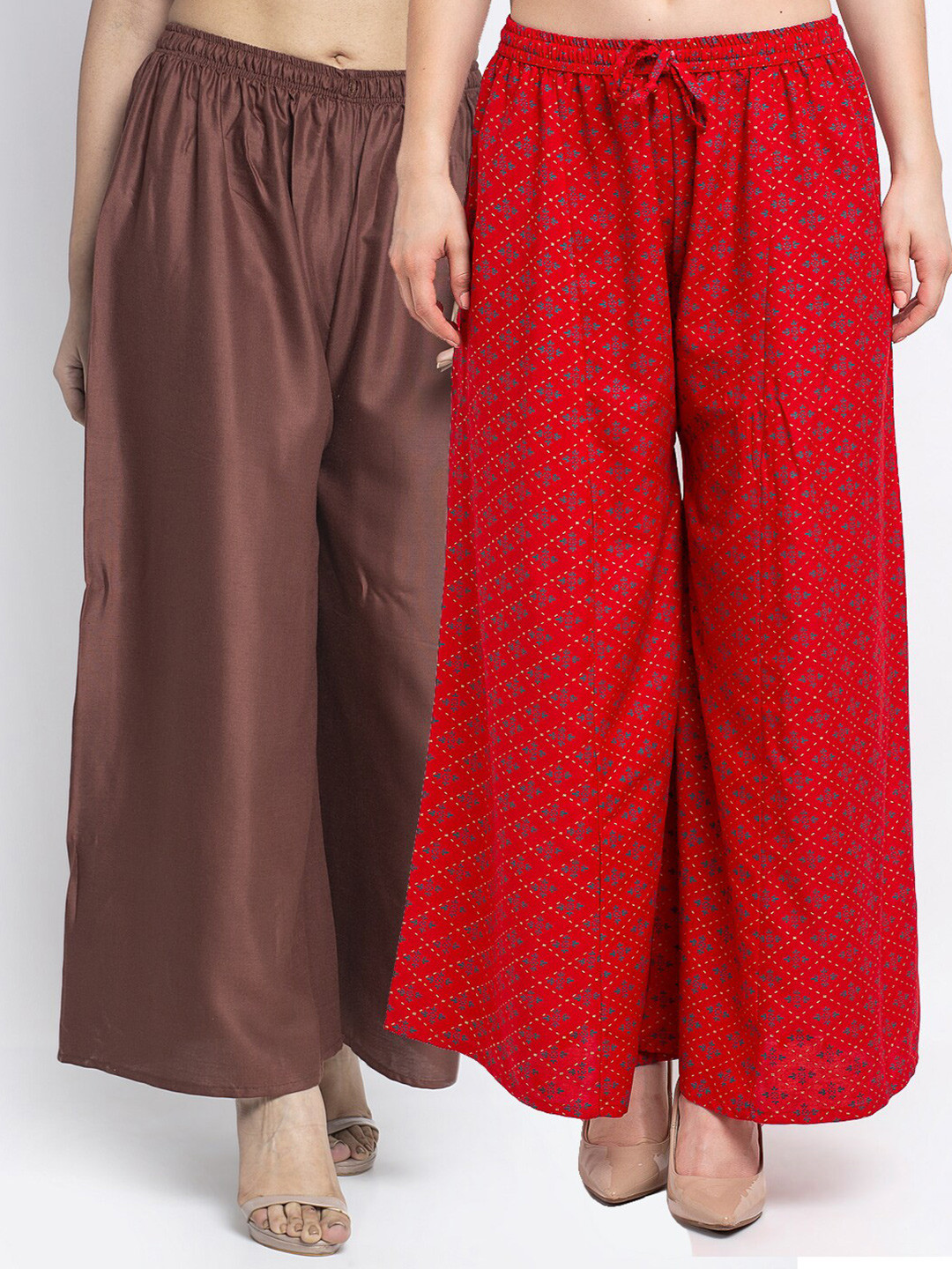 

GRACIT Women Pack Of 2 Brown & Red Floral Printed Flared Knitted Ethnic Palazzos