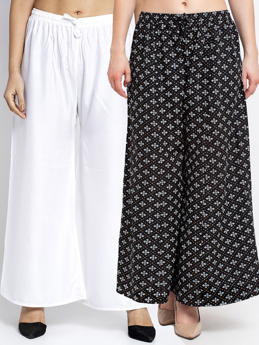 

GRACIT Set-2 Women White & Black Floral Printed Flared Knitted Ethnic Palazzos