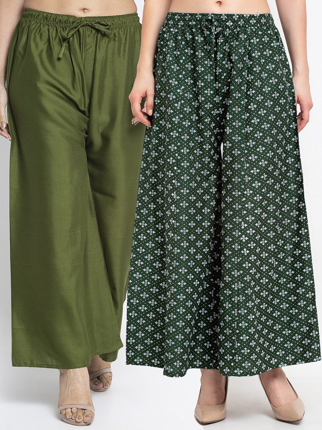 

GRACIT Women Pack Of 2 Green & Olive Green Floral Printed Flared Knitted Ethnic Palazzos