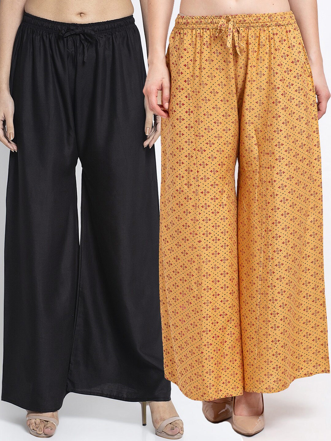 

GRACIT Women Pack Of 2 Black & Mustard Yellow Floral Printed Flared Ethnic Palazzos