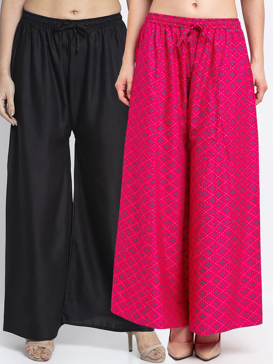 

GRACIT Women Pack of 2 Black & Pink Ethnic Motifs Printed Flared Knitted Ethnic Palazzos