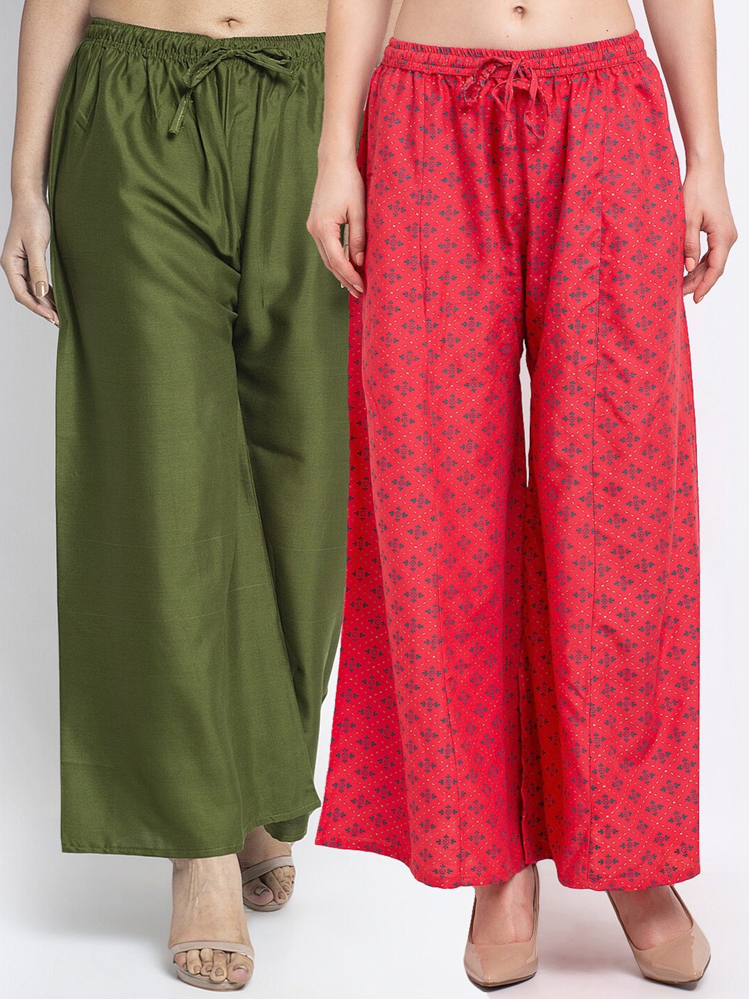 

GRACIT Set-2 Women Green & Pink Floral Printed Flared Knitted Ethnic Palazzos