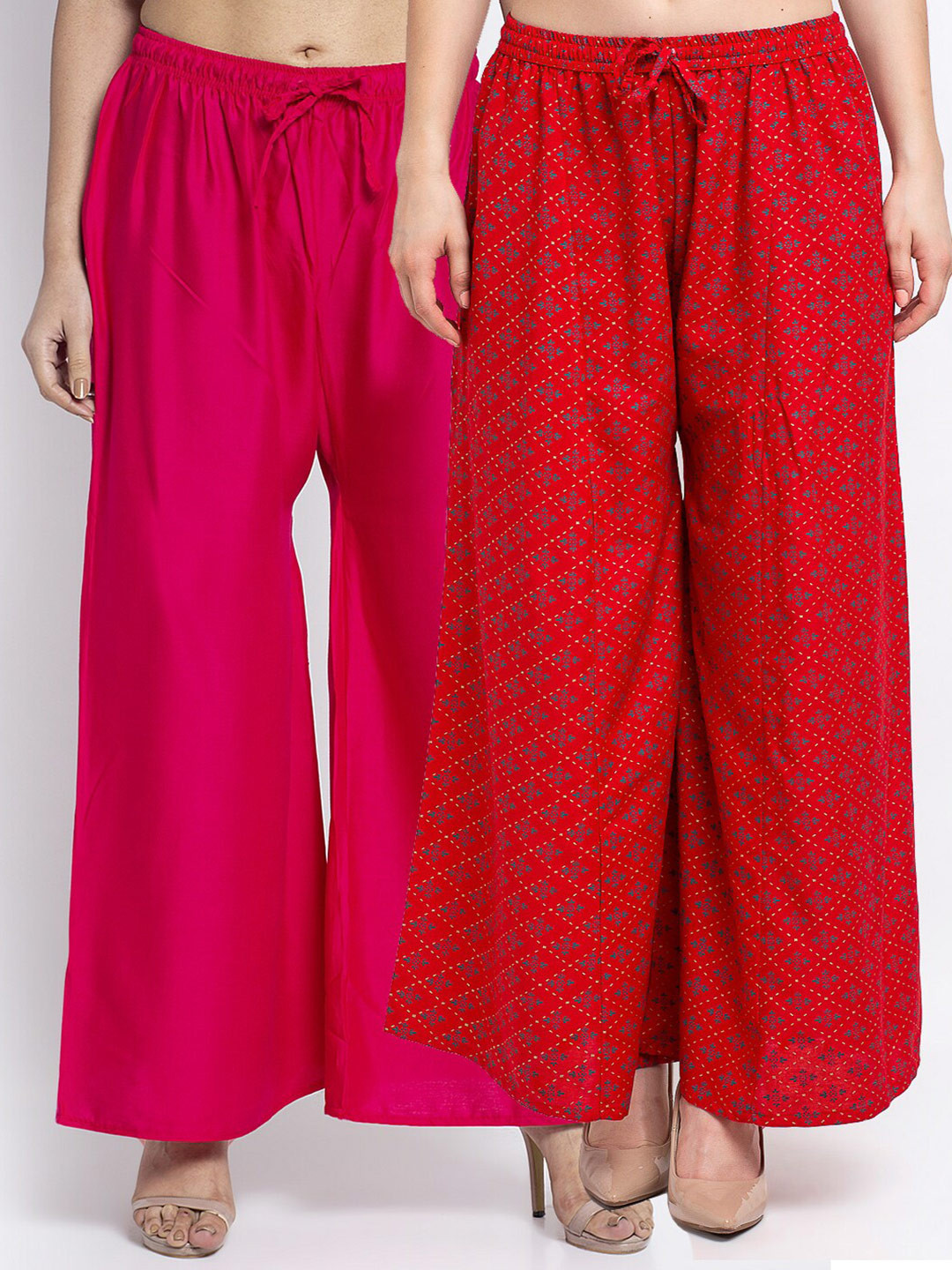 

GRACIT Women Pack Of 2 Pink & Red Floral Printed Flared Knitted Ethnic Palazzos
