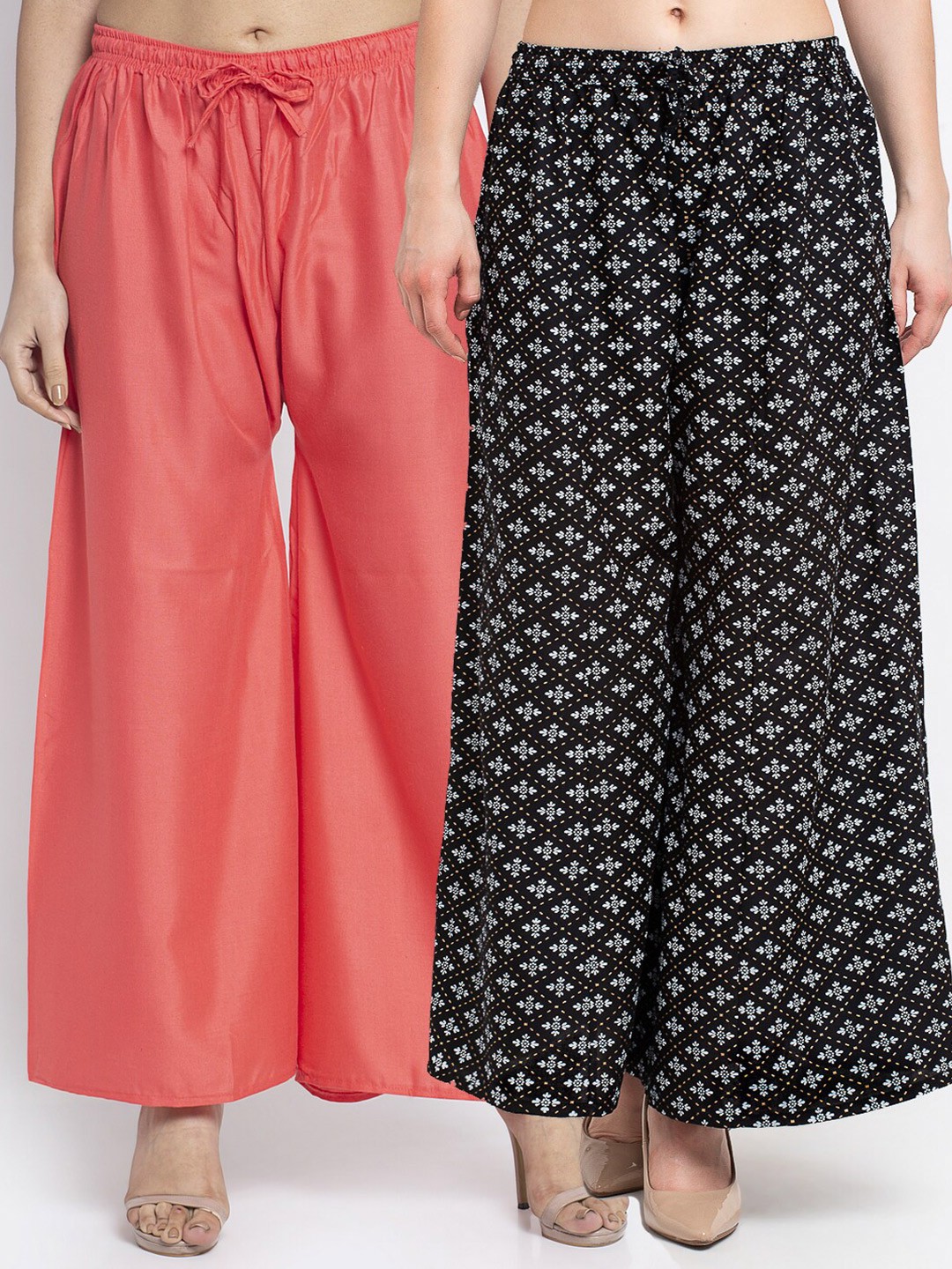

GRACIT Women Pack Of 2 Coral Orange & Black Floral Printed Flared Knitted Ethnic Palazzos