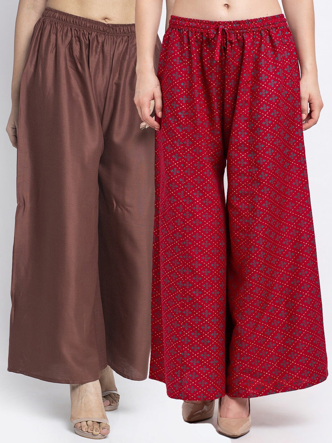 

GRACIT Women Pack of 2 Brown & Maroon Ethnic Motifs Printed Flared Knitted Ethnic Palazzos