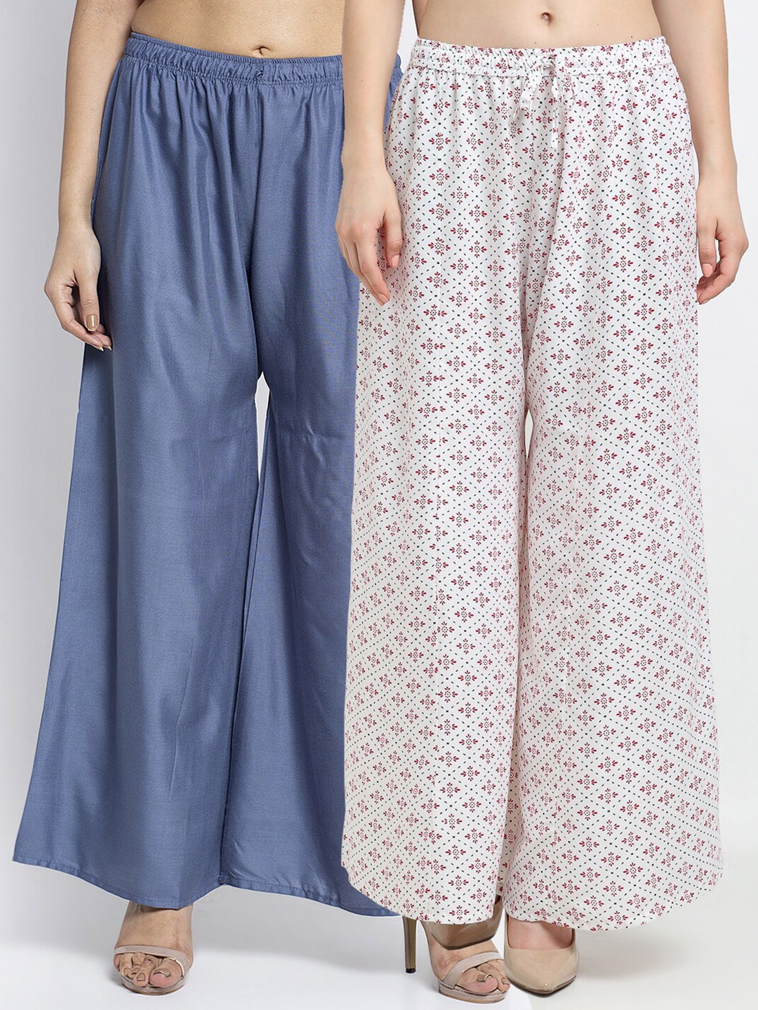 

GRACIT Set-2 Women Grey & White Floral Printed Flared Knitted Ethnic Palazzos
