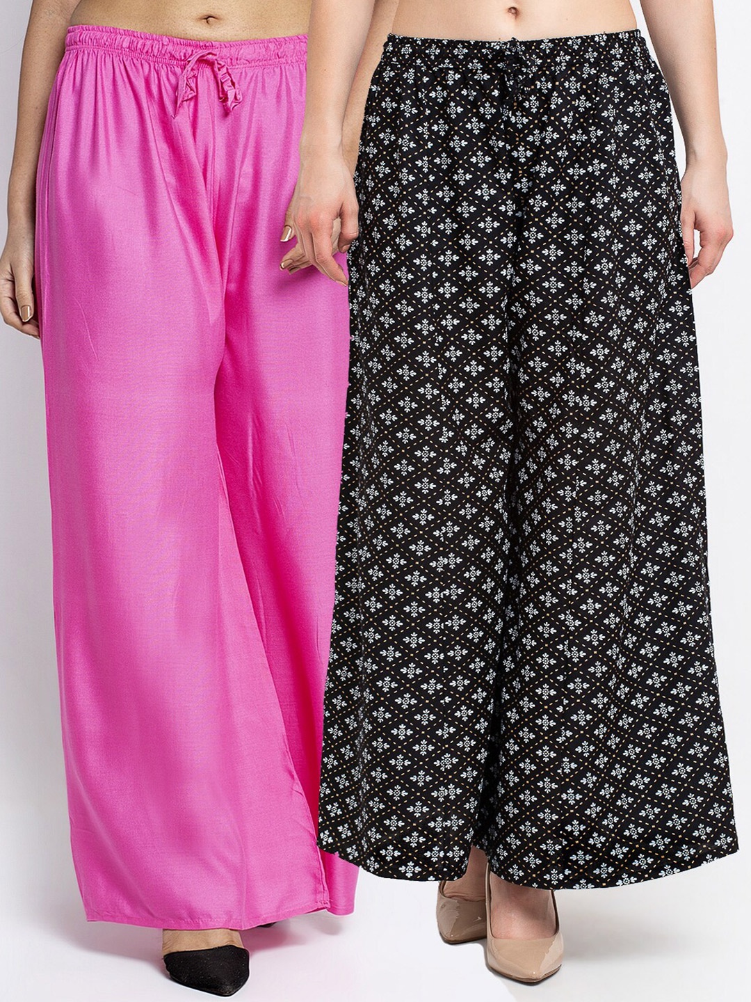 

GRACIT Women Pack Of 2 Pink & Black Floral Printed Flared Knitted Ethnic Palazzos