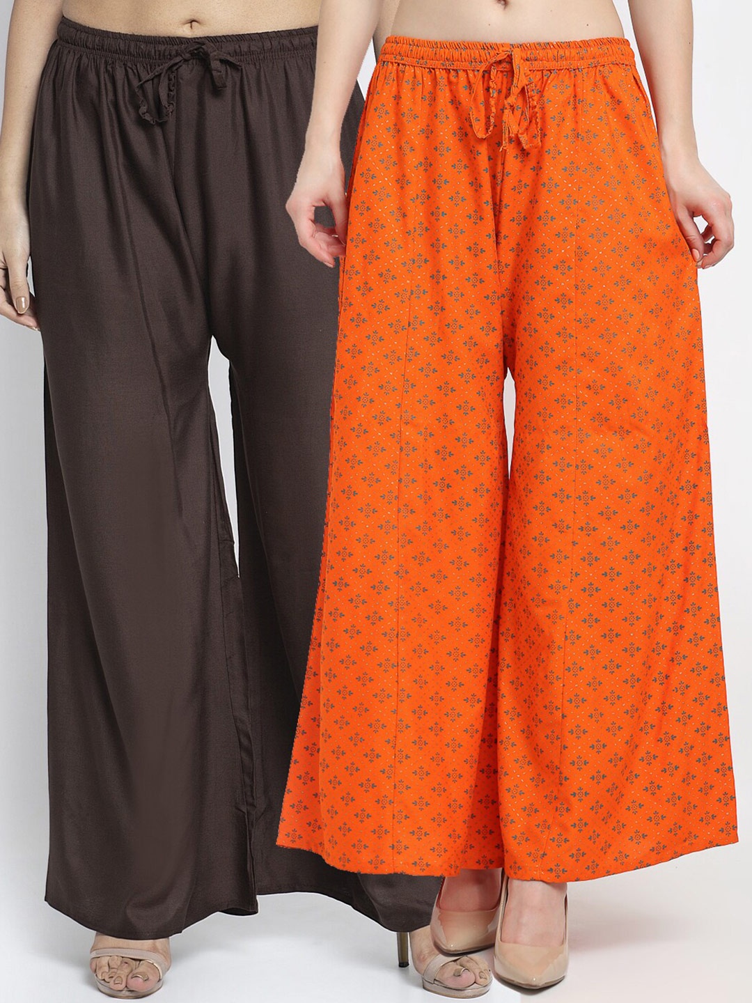 

GRACIT Set-2 Women Brown & Orange Floral Printed Flared Knitted Ethnic Palazzos