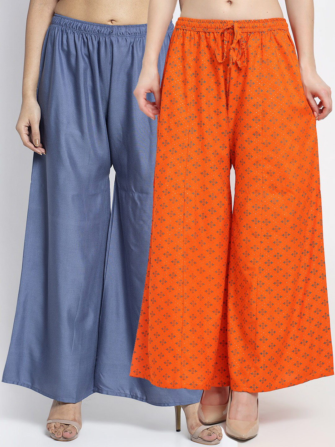 

GRACIT Women Pack of 2 Grey & Red Ethnic Motifs Printed Flared Knitted Ethnic Palazzos