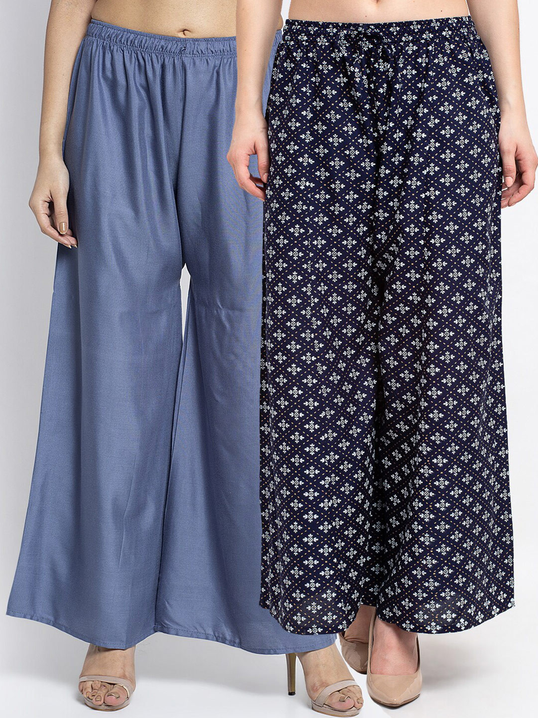 

GRACIT Women Pack Of 2 Grey & Navy Blue Floral Printed Flared Knitted Ethnic Palazzos