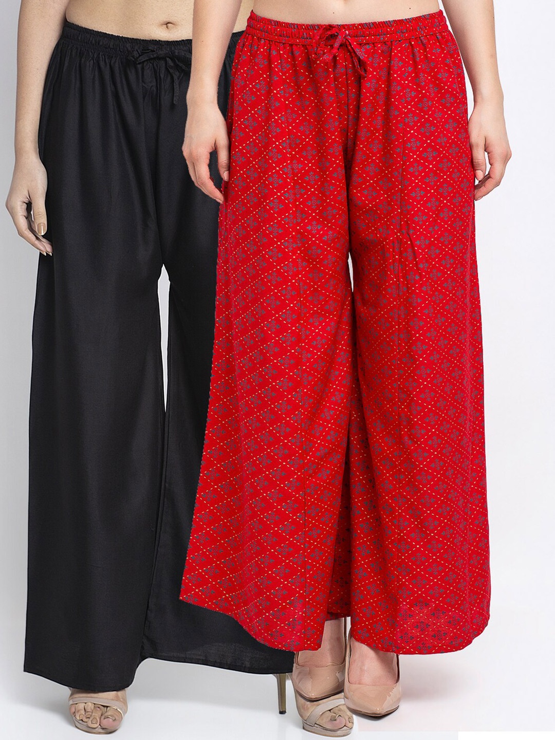 

GRACIT Women Pack of 2 Black & Red Ethnic Motifs Printed Flared Knitted Ethnic Palazzos