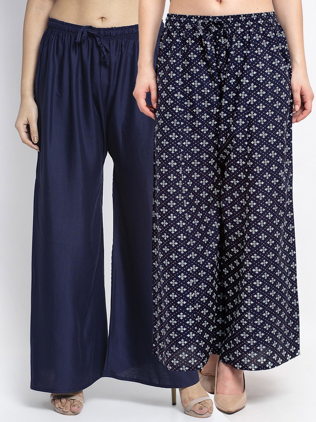 

GRACIT Women Pack Of 2 Navy Blue Floral Printed Flared Knitted Ethnic Palazzos