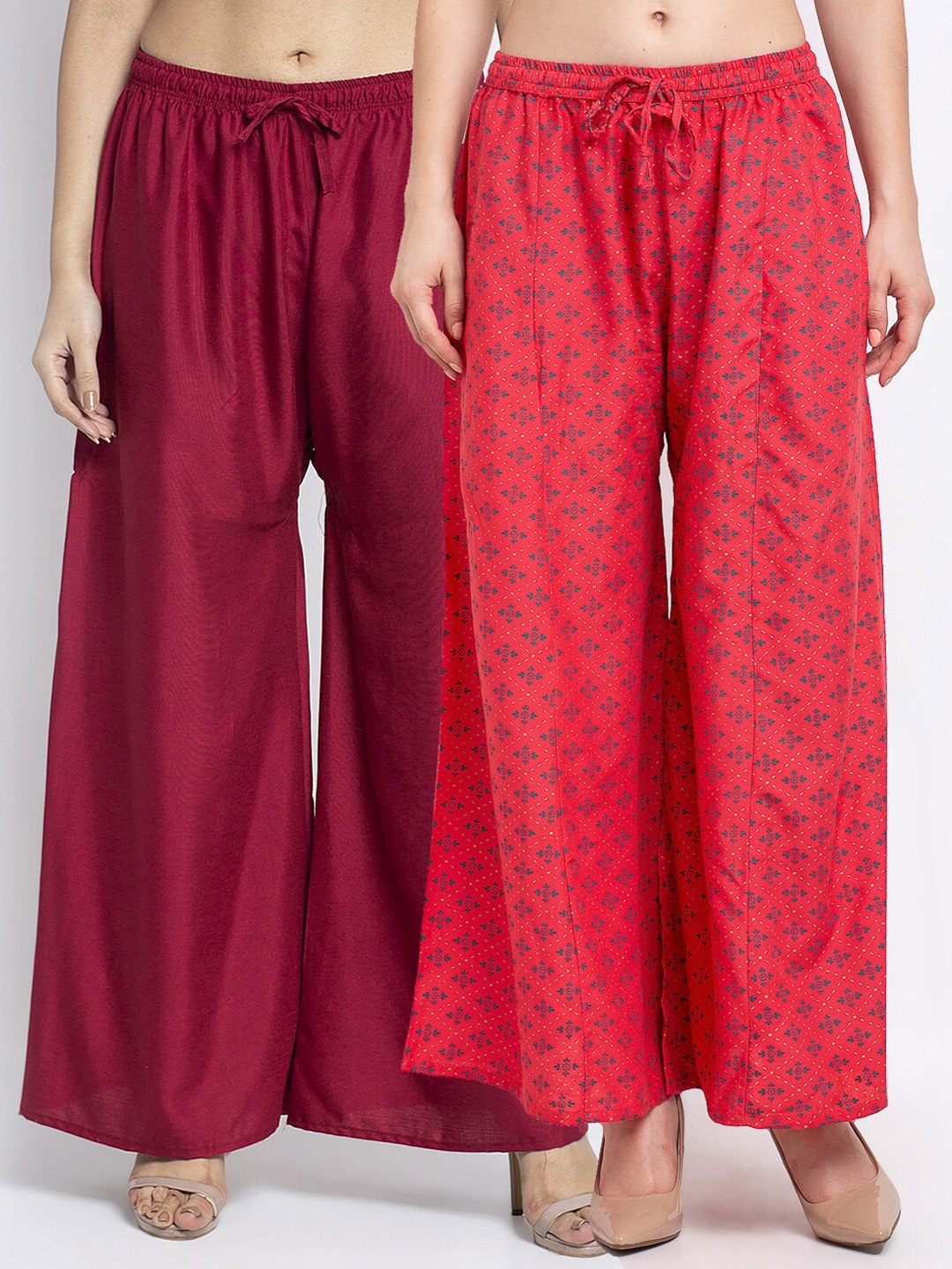

GRACIT Women Pack Of 2 Maroon & Green Floral Printed Flared Knitted Ethnic Palazzos