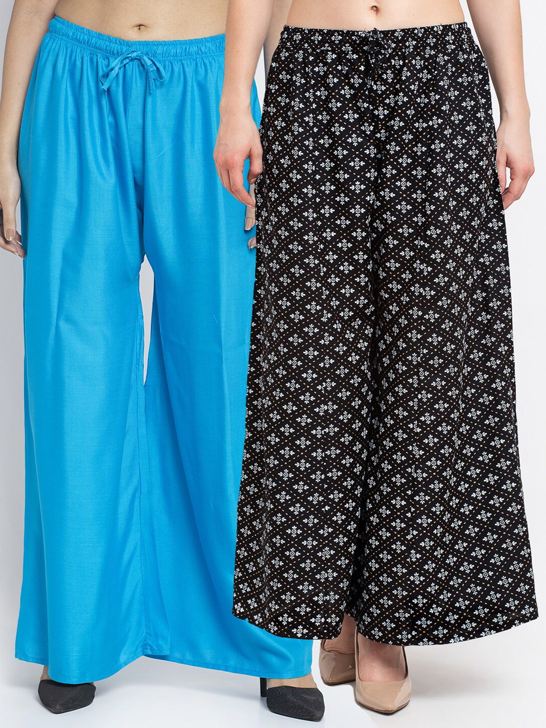 

GRACIT Women Pack Of 2 Blue & Black Floral Printed Flared Knitted Ethnic Palazzos