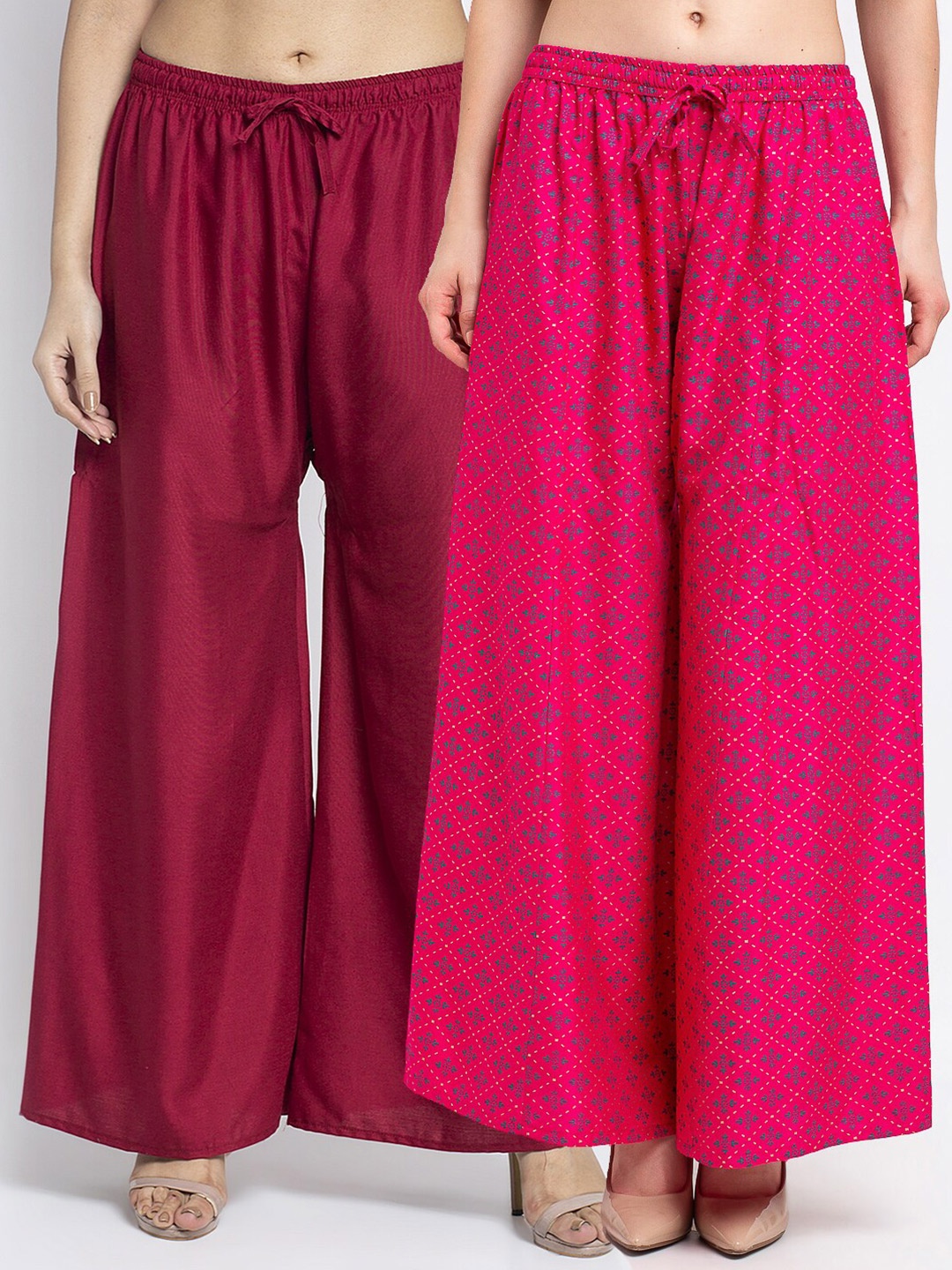 

GRACIT Women Pack Of 2 Maroon & Pink Floral Printed Flared Knitted Ethnic Palazzos