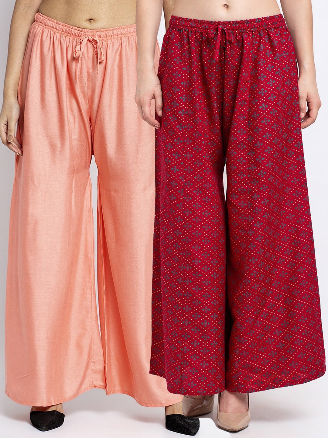 

GRACIT Women Pack of 2 Flared Knitted Ethnic Palazzos, Peach