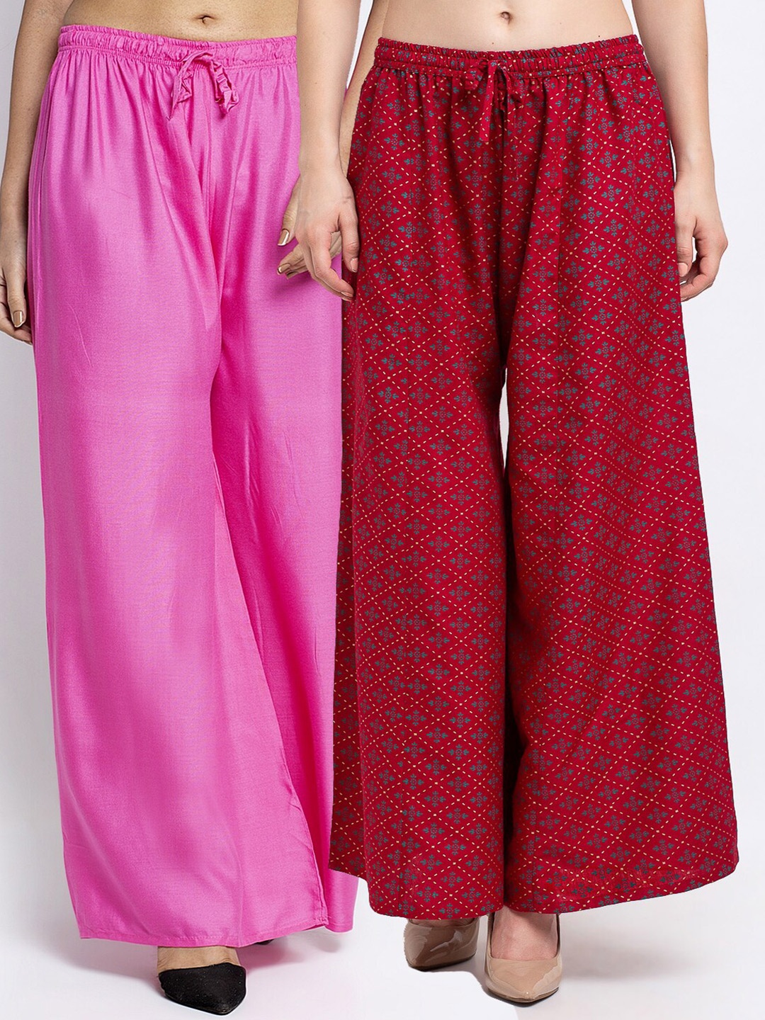 

GRACIT Women Pack Of 2 Pink & Maroon Floral Printed Flared Knitted Ethnic Palazzos
