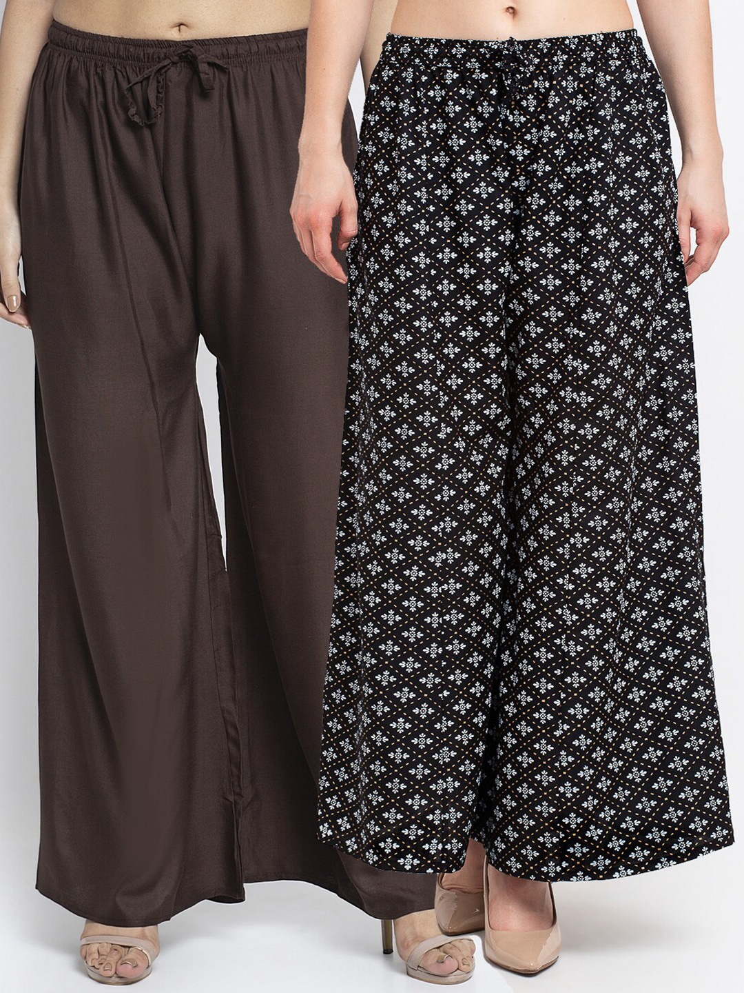 

GRACIT Women Pack of 2 Brown & Black Ethnic Motifs Printed Flared Knitted Ethnic Palazzos