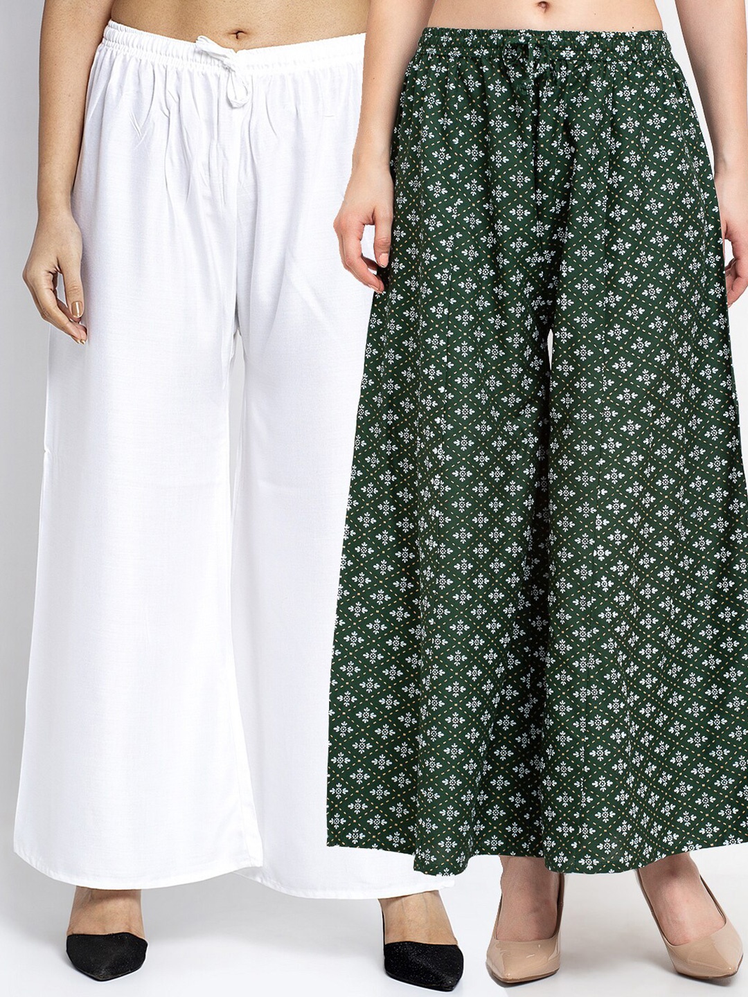 

GRACIT Women Pack Of 2 White & Green Floral Printed Flared Knitted Ethnic Palazzos