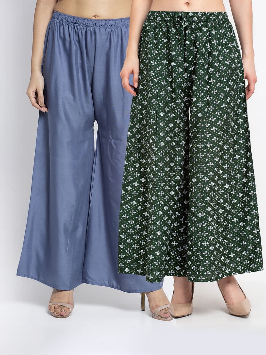 

GRACIT Women Pack Of 2 Grey & Green Floral Printed Flared Knitted Ethnic Palazzos