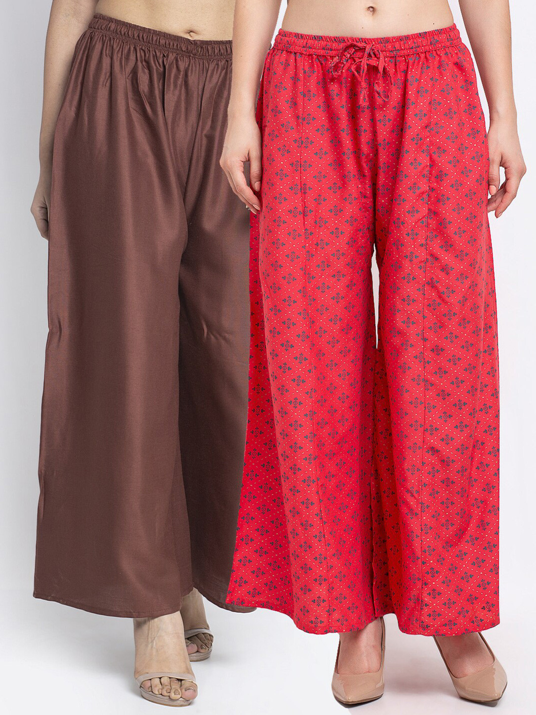 

GRACIT Women Pack Of 2 Brown & Red Floral Printed Flared Knitted Ethnic Palazzos