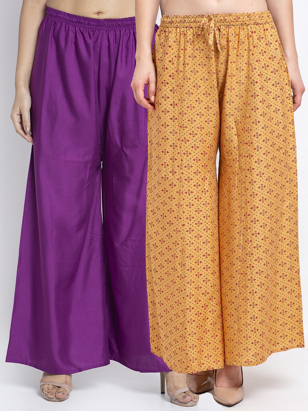 

GRACIT Set-2 Women Purple & Mustard Yellow Floral Printed Flared Knitted Ethnic Palazzos