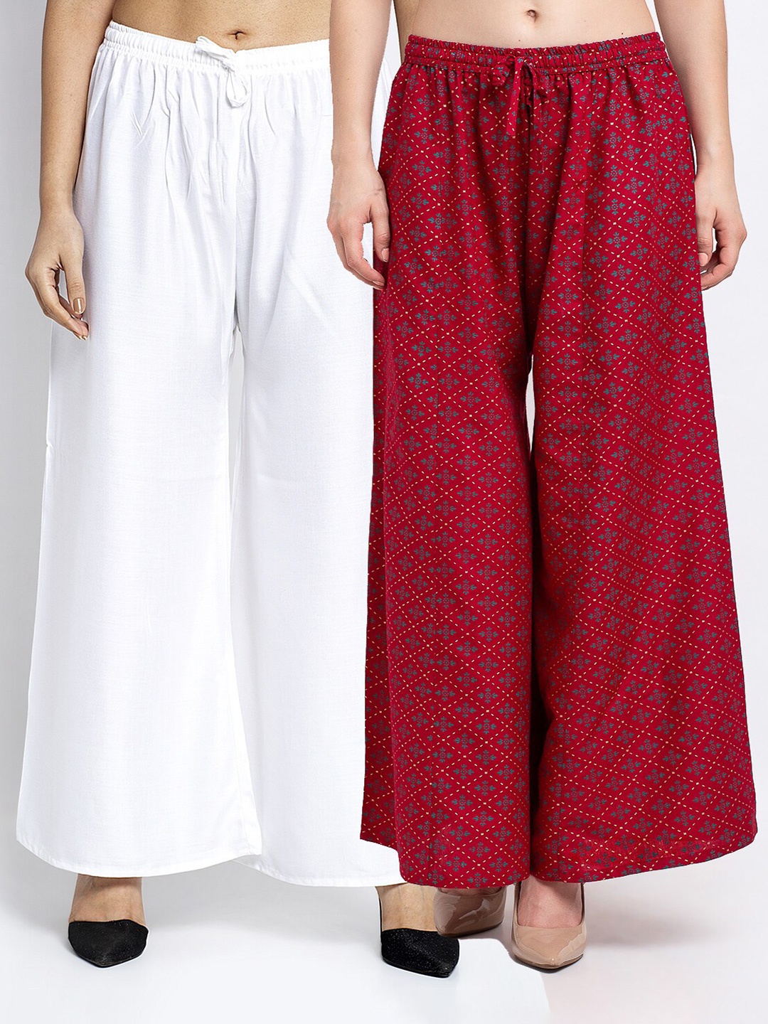 

GRACIT Women Pack of 2 Flared Knitted Ethnic Palazzos, White