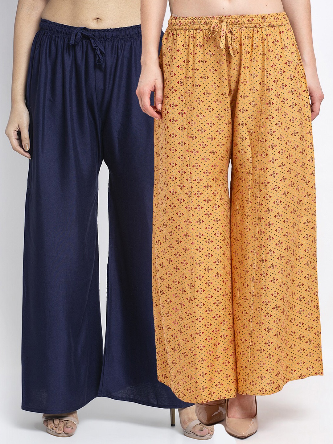 

GRACIT Pack Of 2 Navy Blue & Mustard Yellow Floral Printed Flared Knitted Ethnic Palazzos