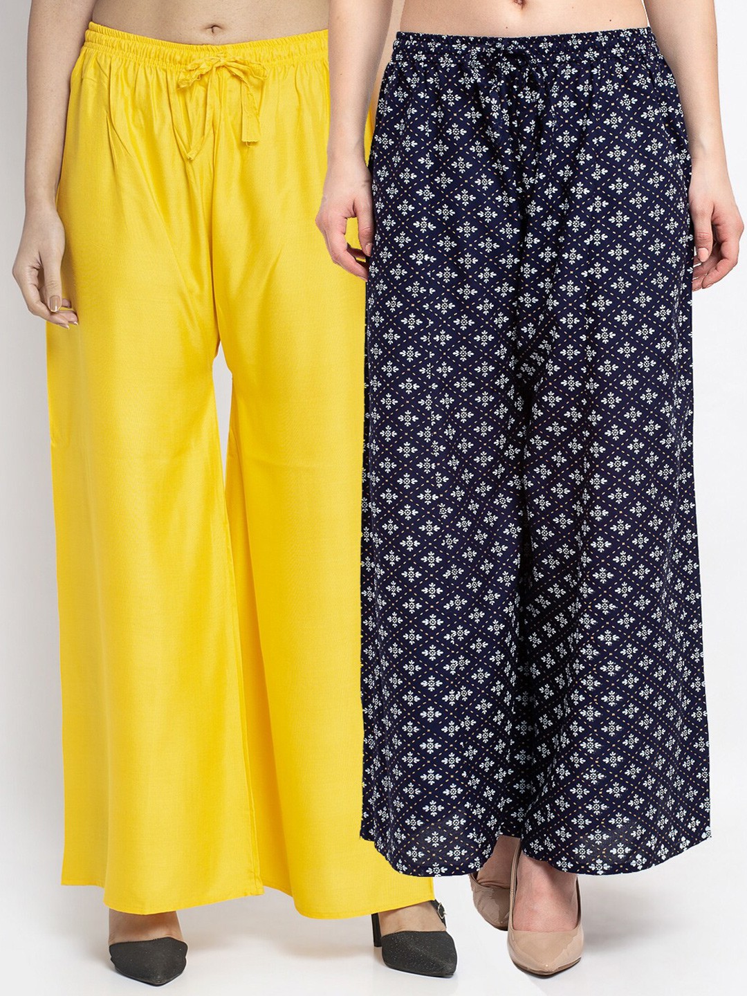 

GRACIT Set-2 Women Yellow & Black Floral Printed Flared Knitted Ethnic Palazzos