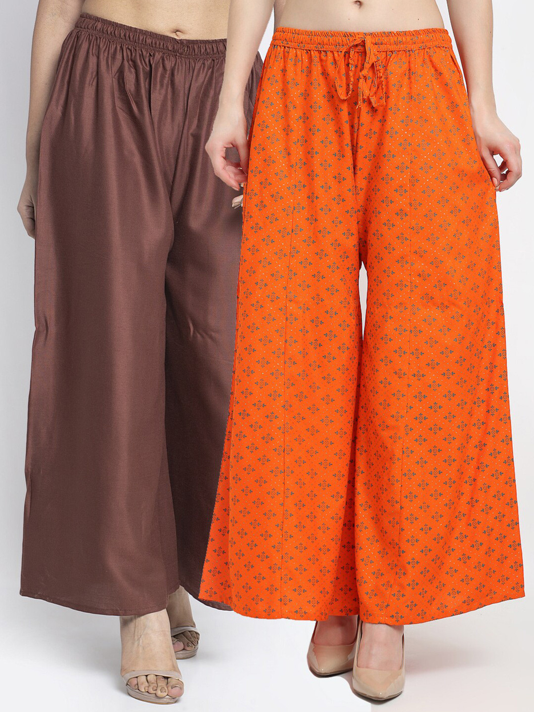 

GRACIT Women Pack of 2 Brown & Orange Ethnic Motifs Printed Flared Knitted Ethnic Palazzos
