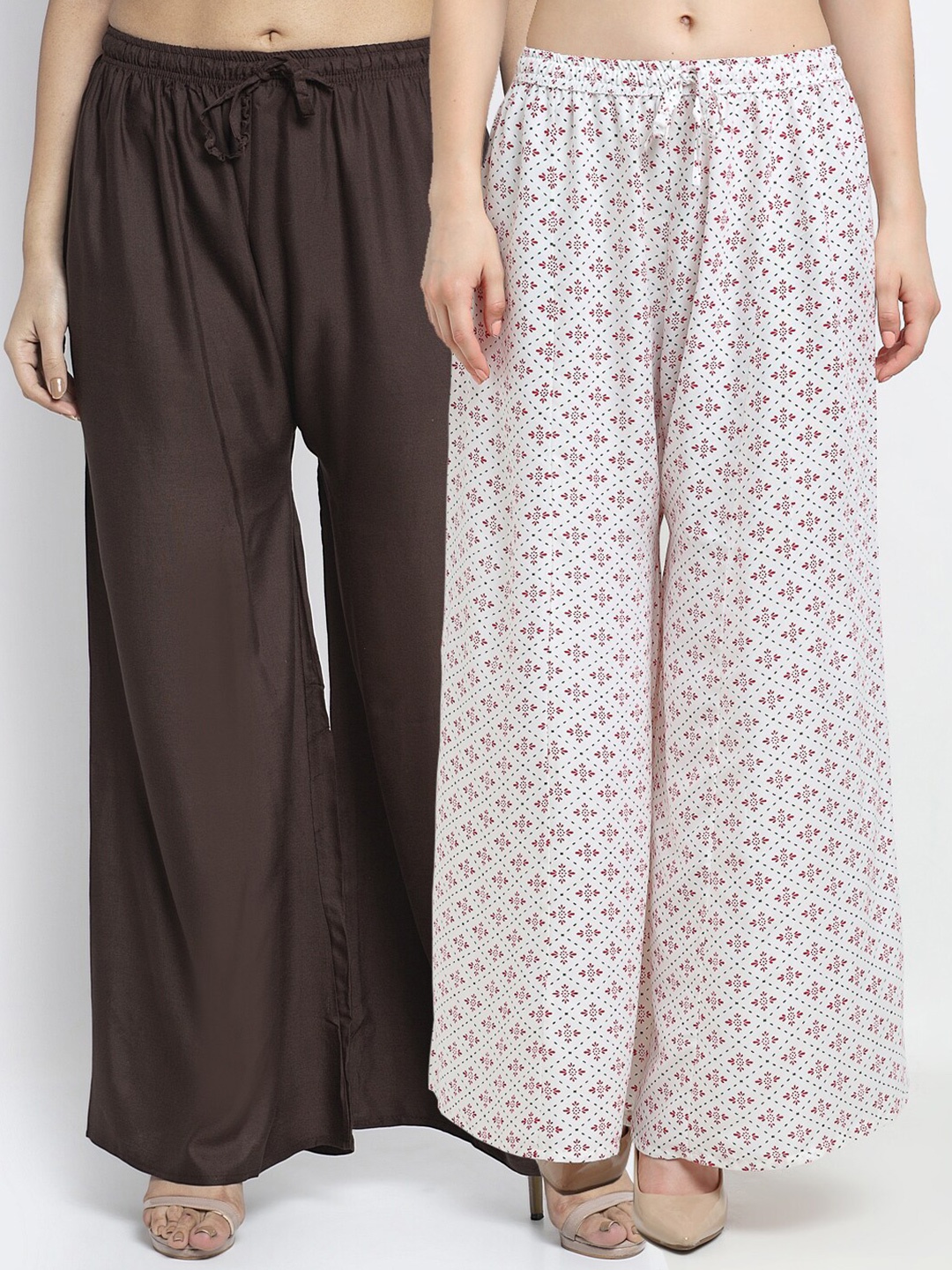 

GRACIT Women Brown & White Pack Of 2 Floral Printed Flared Knitted Ethnic Palazzos