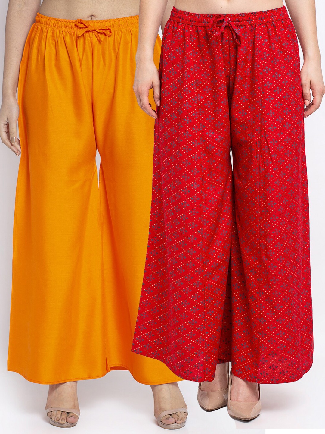 

GRACIT Set-2 Women Orange & Red Floral Printed Flared Knitted Ethnic Palazzos