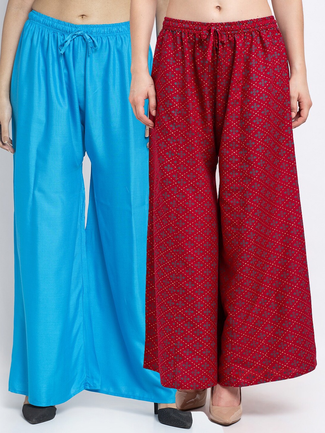 

GRACIT Women Pack of 2 Flared Knitted Ethnic Palazzos, Blue