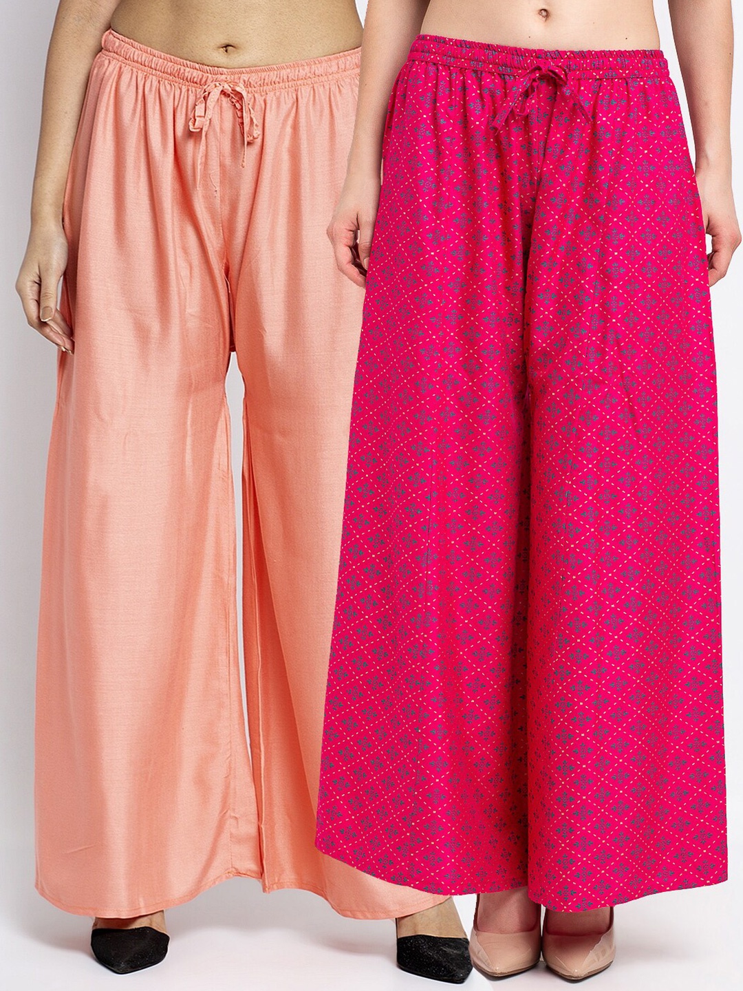 

GRACIT Women Pack Of 2 Peach-Coloured & Pink Floral Printed Flared Knitted Ethnic Palazzos