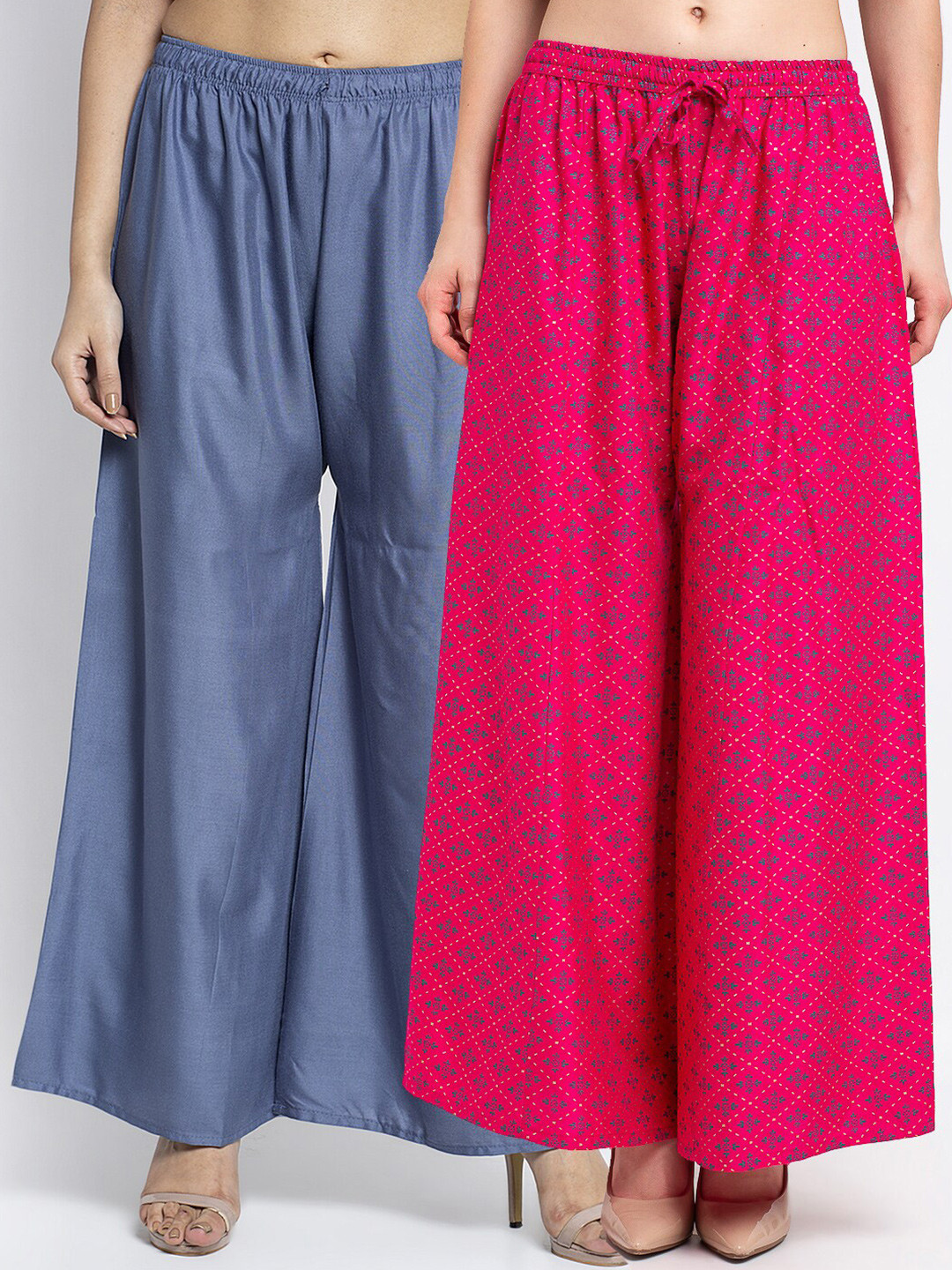 

GRACIT Women Pack of 2 Grey & Pink Ethnic Motifs Printed Flared Knitted Ethnic Palazzos