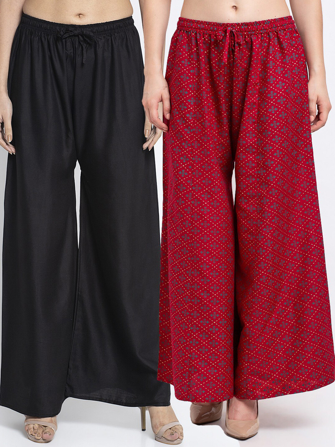 

GRACIT Set-2 Women Black & Maroon Floral Printed Flared Knitted Ethnic Palazzos