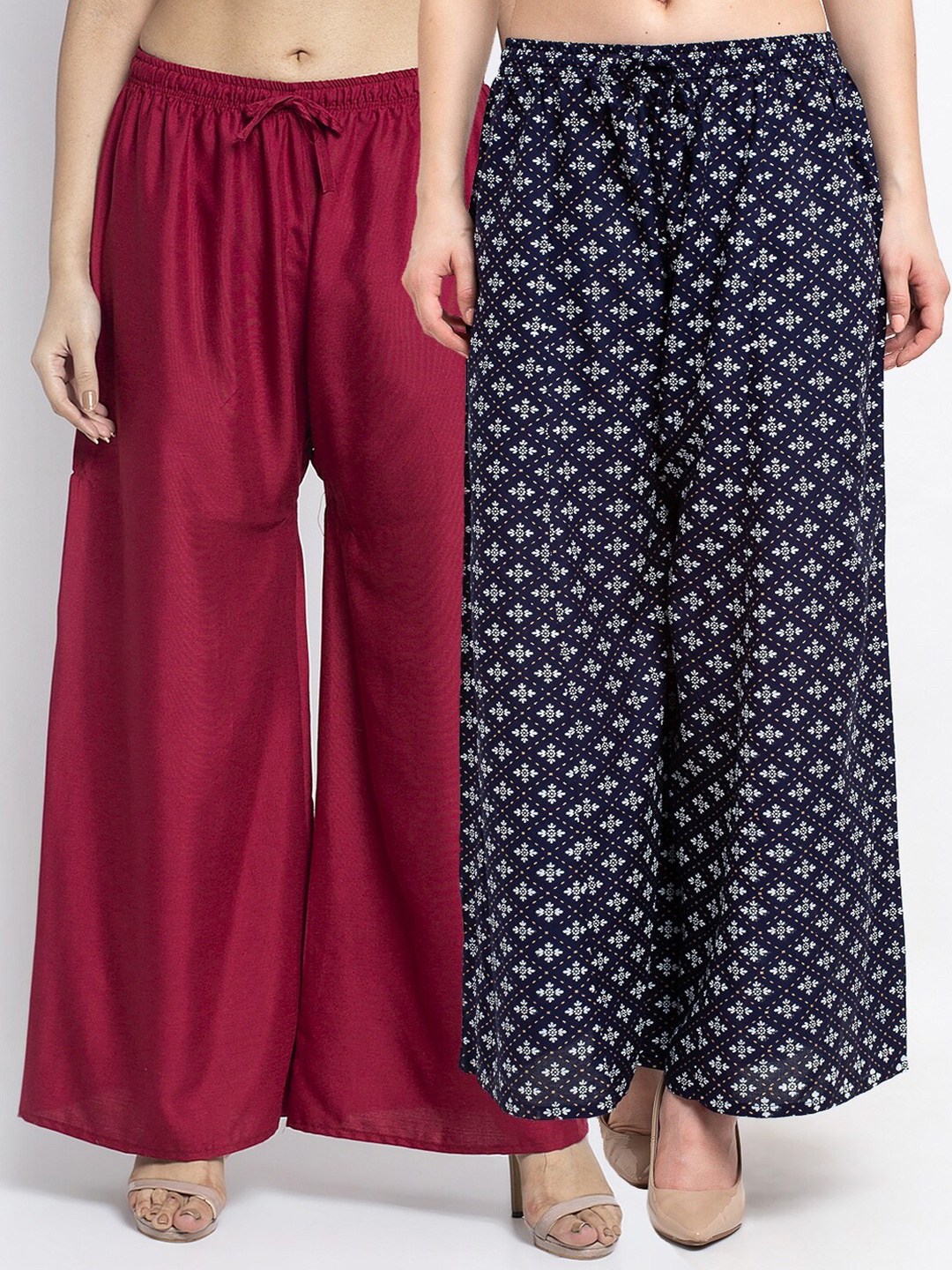 

GRACIT Women Pack Of 2 Maroon & Navy Blue Floral Printed Flared Knitted Ethnic Palazzos