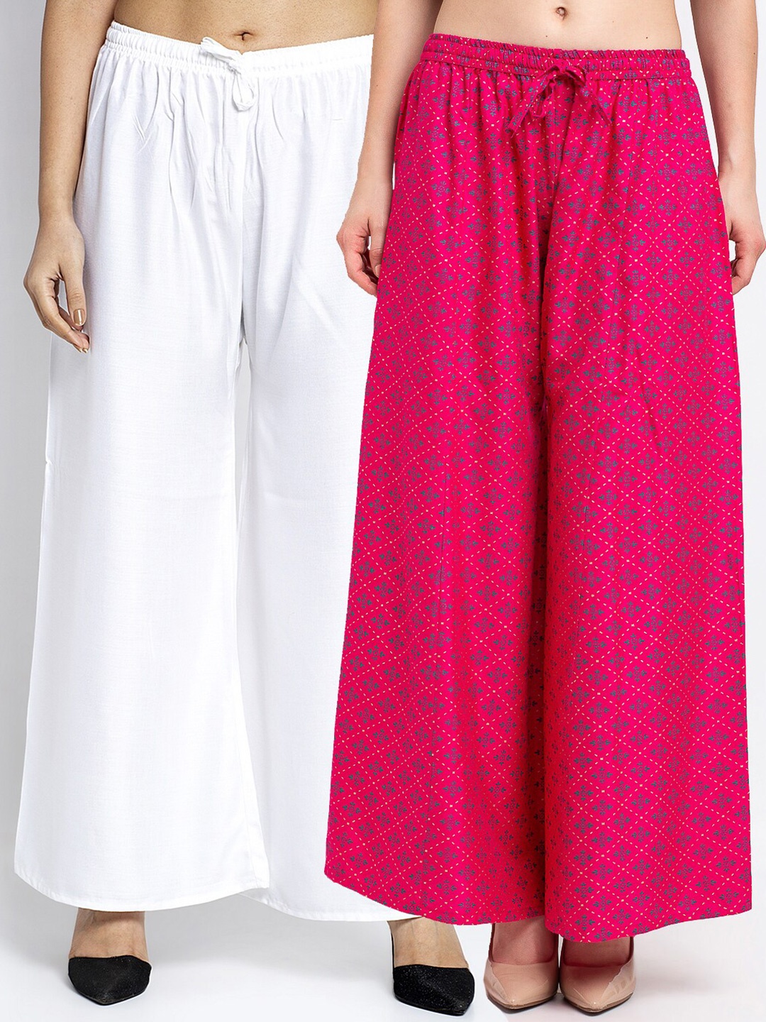 

GRACIT Women Pack of 2 White & Pink Ethnic Motifs Printed Flared Knitted Ethnic Palazzos