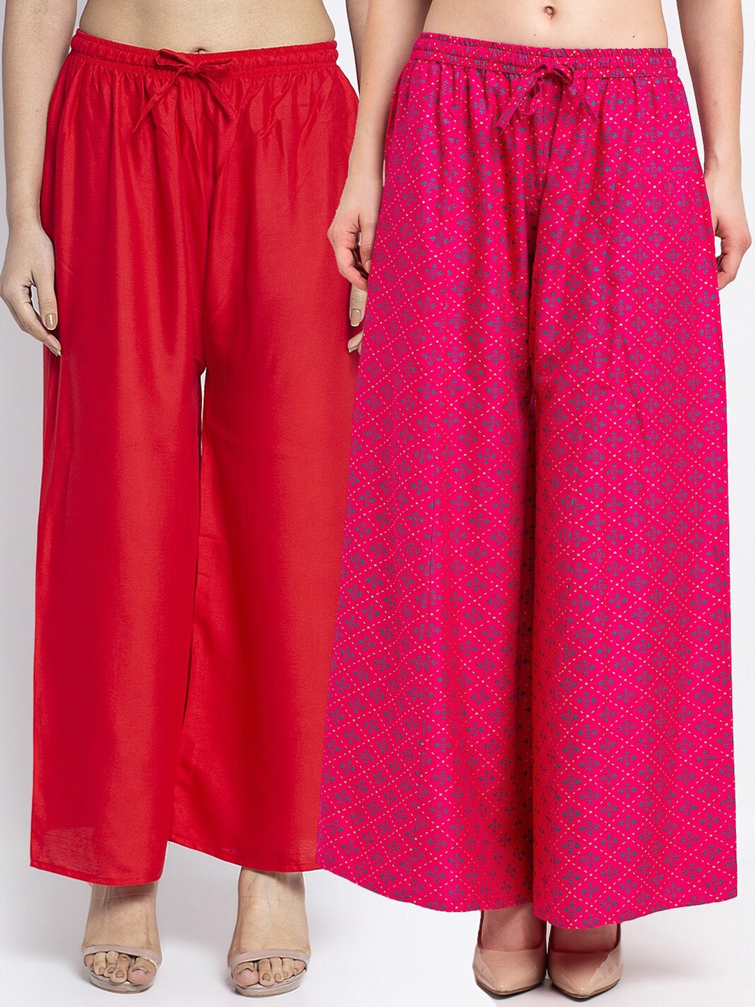 

GRACIT Women Pack of 2 Red & Pink Ethnic Motifs Printed Flared Knitted Ethnic Palazzos