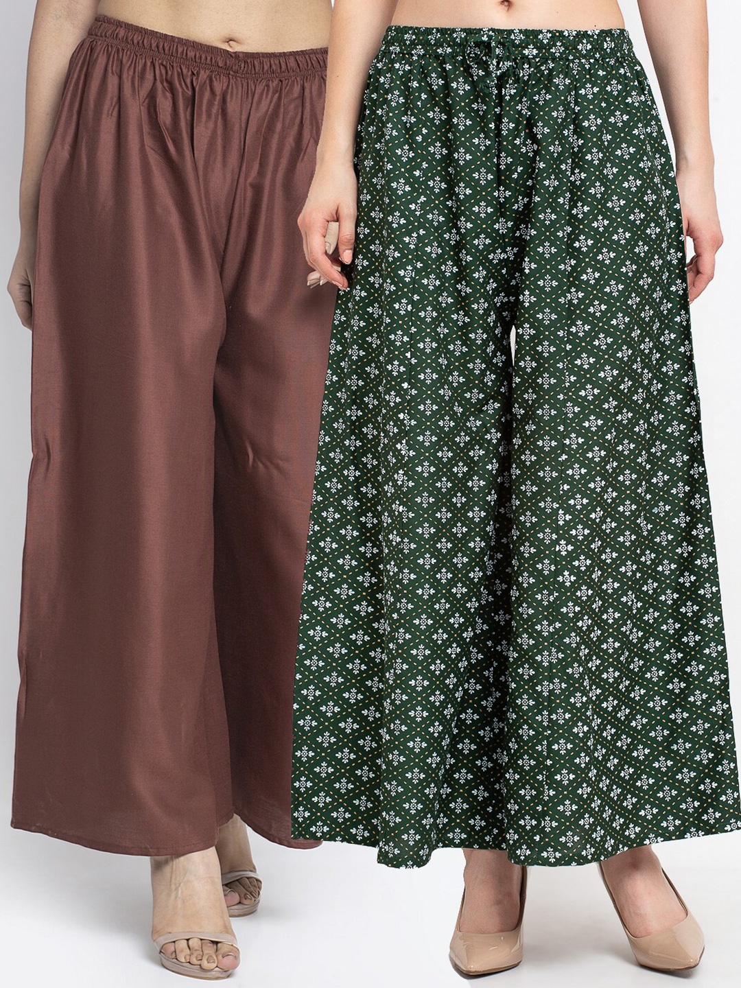 

GRACIT Women Brown & Green Pack Of 2 Floral Printed Flared Knitted Ethnic Palazzos