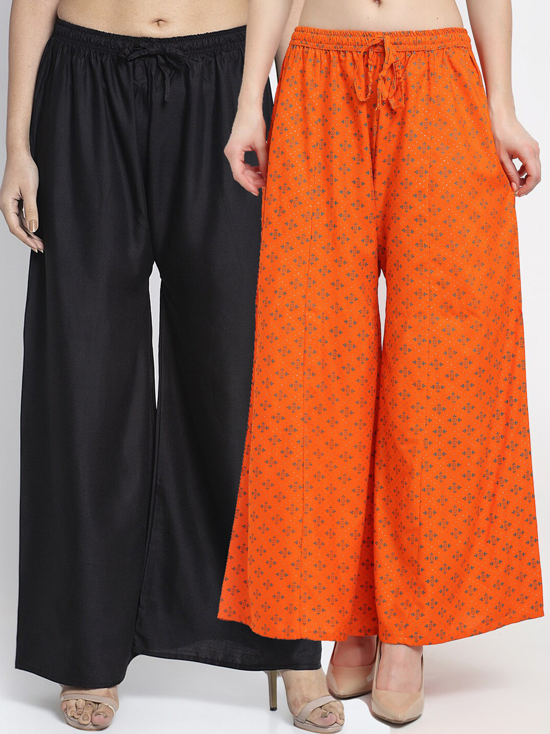

GRACIT Women Pack of 2 Black & Orange Ethnic Motifs Printed Flared Knitted Ethnic Palazzos