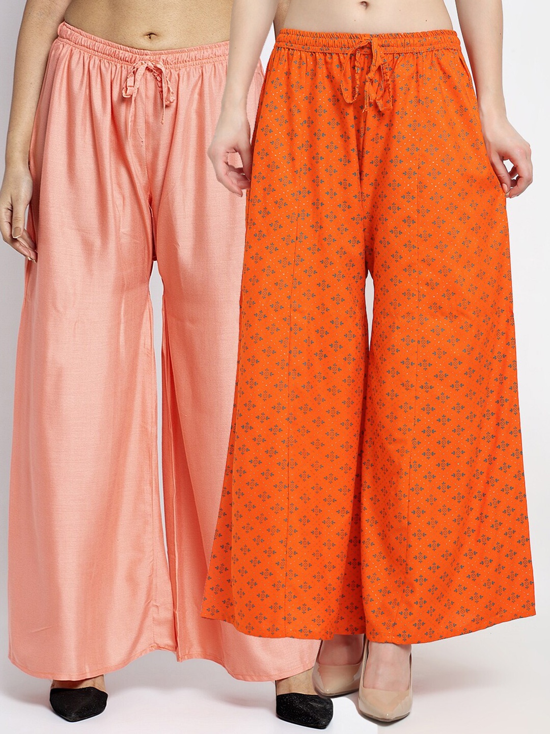 

GRACIT Women Pack Of 2 Peach-Coloured & Orange Floral Printed Flared Ethnic Palazzos