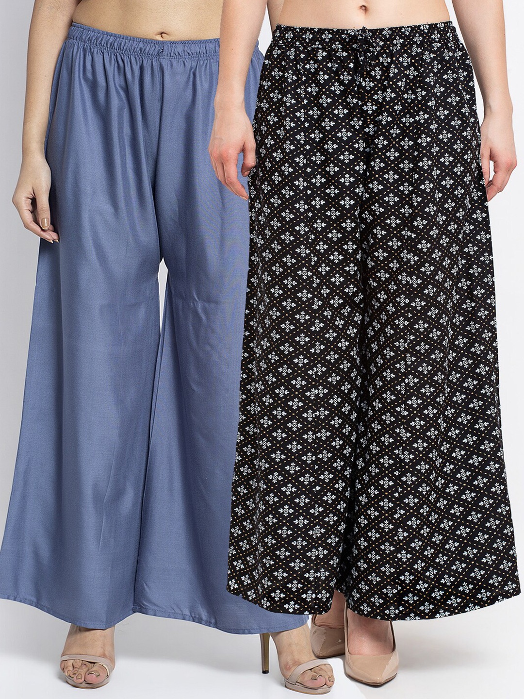 

GRACIT Women Grey & Black Pack Of 2 Floral Printed Flared Knitted Ethnic Palazzos