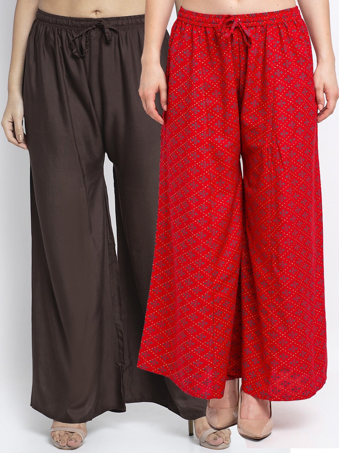 

GRACIT Women Pack Of 2 Brown & Red Floral Printed Flared Knitted Ethnic Palazzos