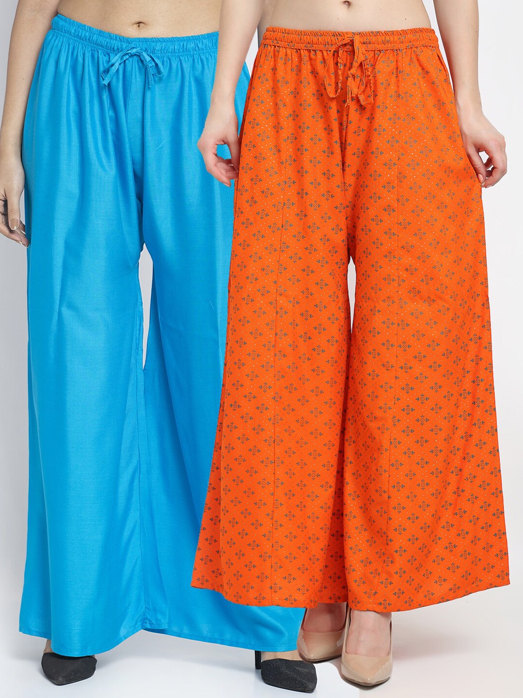 

GRACIT Set-2 Women Blue & Orange Floral Printed Flared Knitted Ethnic Palazzos