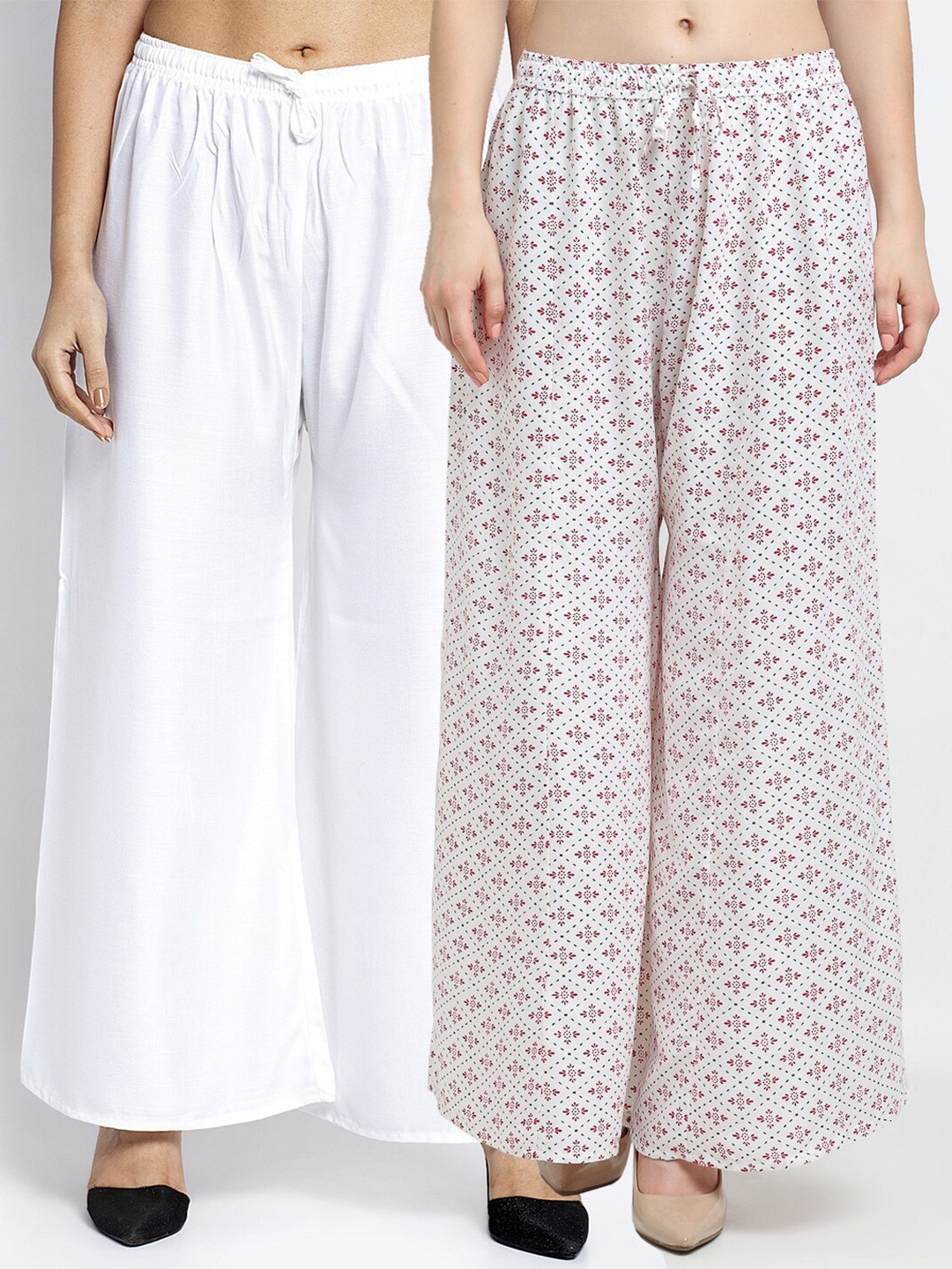 

GRACIT Women Pack of 2 Floral Printed Flared Knitted Ethnic Palazzos, White