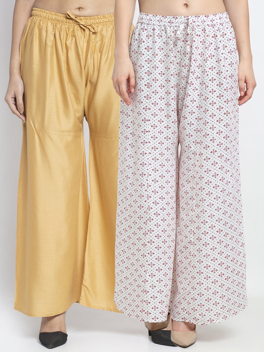 

GRACIT Women Pack Of 2 Beige & White Floral Printed Flared Knitted Ethnic Palazzos