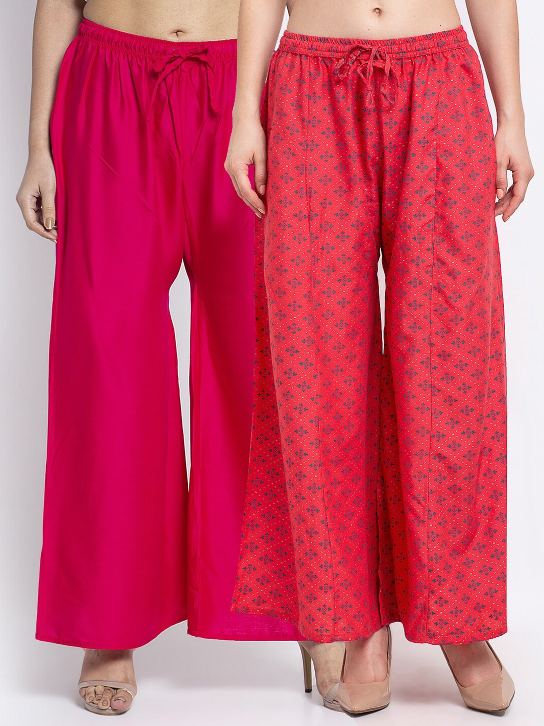 

GRACIT Women Pack of 2 Pink & Coral Ethnic Motifs Printed Flared Knitted Ethnic Palazzos